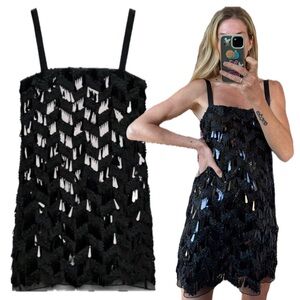 Zara Bloggers Fave Black Sequin Textured Spaghetti Strap Mini Slip Dress